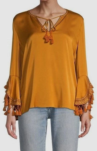 Kobi Halperin Rydel Silk Blend Tassel Tie Neck Boho Blouse Gold Women's Medium