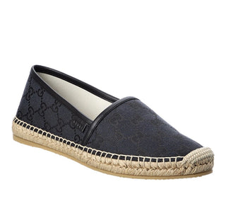 Gucci GG Canvas & Leather Espadrille Slip On Flat Shoes Navy Blue Women's 37.5