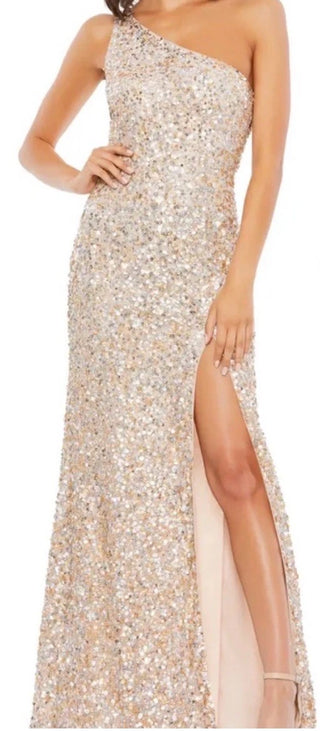 Mac Duggal Sequins One-Shoulder Evening Gown with Slit Gold Silver Womens Size 4