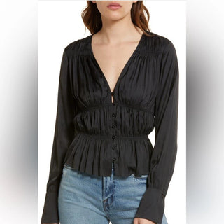 FRAME Shirred Long Sleeve V-Neck Peplum Hem Blouse Top Black Women's Small