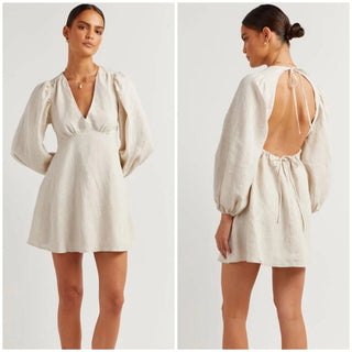 DISSH Rosa 100% Linen Puff Sleeve V-Neck Cut Out Mini Dress Beige Women's US 4