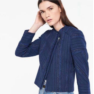 Sandro Blucy Asymmetrical Zip Up Woven Blazer Jacket Egyptien Blue 36 FR / 4 US