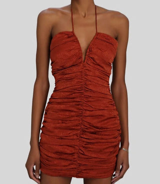 NWT Ronny Kobo Orielle Sleeveless Ruched Bodycon Mini Dress Picante Womens XS