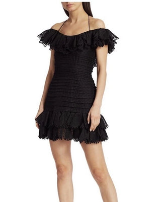 Zimmermann Ruffle Trim Halter Neck Off Shoulder Tiered Mini Dress Black Womens 1