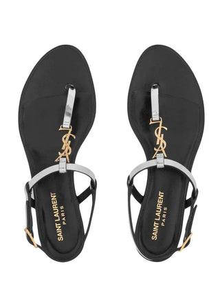 Saint Laurent Cassandra Patent Leather YSL Logo Thong Sandals Silver Black 36.5
