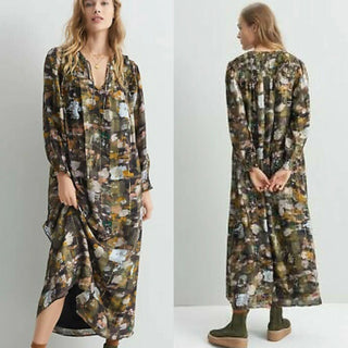 Anthropologie Blair Shimmer Abstract Long Sleeve Maxi Dress Brown Green Women XL