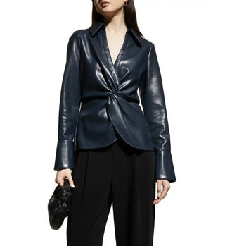 NWT Cinq a Sept McKenna Twisted Front Faux Leather Long Sleeve Blouse Navy M