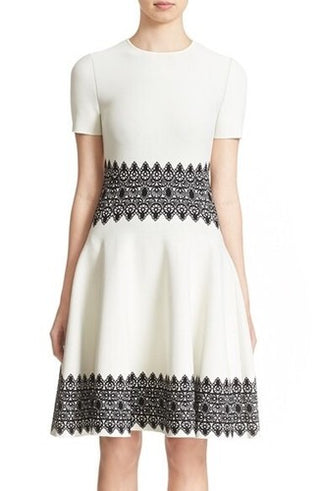 Alexander McQueen Intarsia Knit Short Sleeve Fit & Flare Dress Cream Black Large