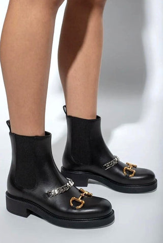 NWT Gucci  Deva Horsebit Chain Chelsea Ankle Boots Black Leather Women's EU 42
