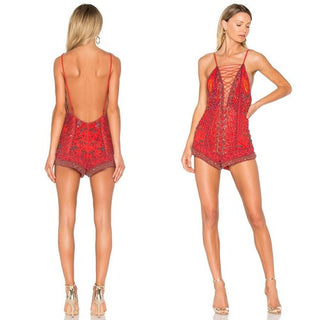 NWT NBD x Revolve Pandora Beaded Lace Up Backless Short Romper Red Womens Medium