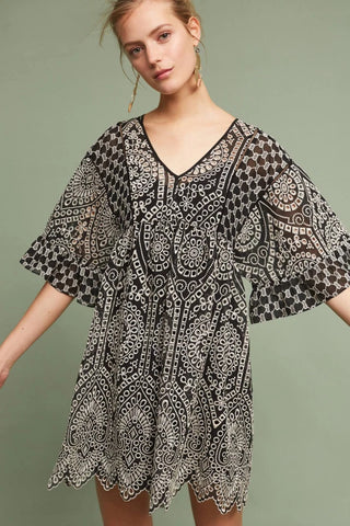 Akem + Kim Brooke Eyelet Embroidered Boho Mini Babydoll Dress Black White Womens XL