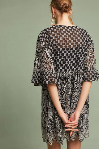 Akem + Kim Brooke Eyelet Embroidered Boho Mini Babydoll Dress Black White Womens XL