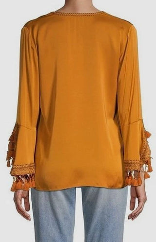 Kobi Halperin Rydel Silk Blend Tassel Tie Neck Boho Blouse Gold Women's Medium