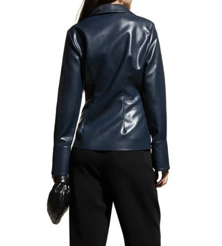 NWT Cinq a Sept McKenna Twisted Front Faux Leather Long Sleeve Blouse Navy M