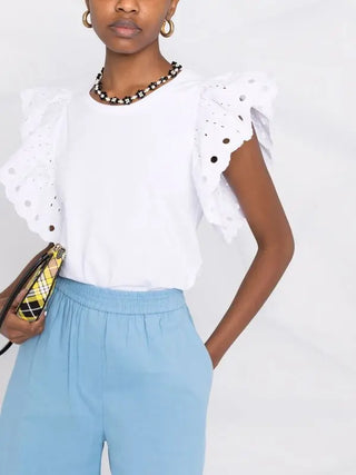 See by Chloe Broderie Anglaise Flutter Sleeve Cotton Blouse White Women's Small