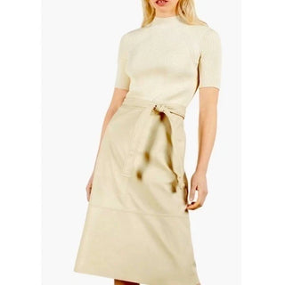 Ted Baker Ribbed Knit Pleated Faux Leather Midi Pencil Dress Beige Womens Size 2