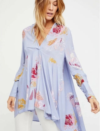 NWT Free People Field of Butterflies Hi-Low Tunic Blouse Blue Chambray Womens S