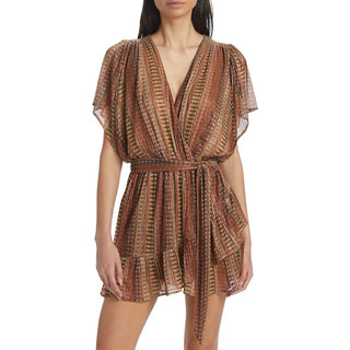 Ramy Brook Chelsea Metallic Striped Flutter Sleeve Belted Wrap Minidress Brown L
