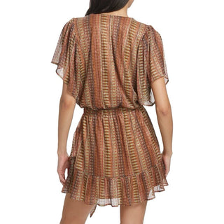 Ramy Brook Chelsea Metallic Striped Flutter Sleeve Belted Wrap Minidress Brown L