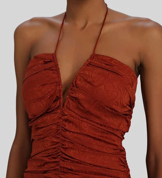 NWT Ronny Kobo Orielle Sleeveless Ruched Bodycon Mini Dress Picante Womens XS