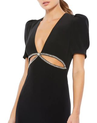 Ieena for Mac Duggal Rhinestone V-Neck Puff Sleeve Cut Out Maxi Dress Black 2