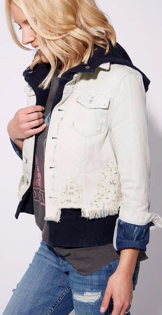 Free People Layered Weave Faded Distressed Hooded Denim Jacket White Blue Large