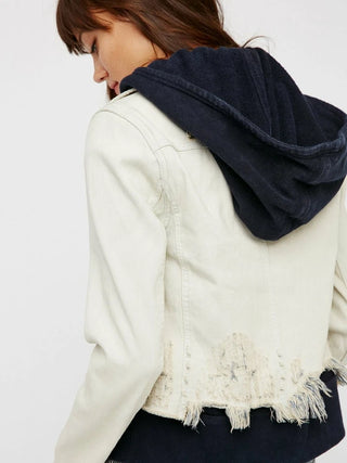 Free People Layered Weave Faded Distressed Hooded Denim Jacket White Blue Large