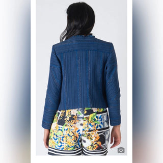Sandro Blucy Asymmetrical Zip Up Woven Blazer Jacket Egyptien Blue 36 FR / 4 US