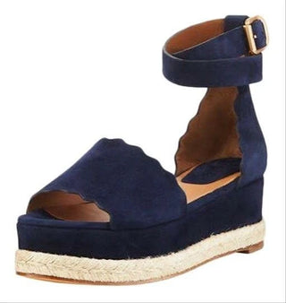 Chloé Scalloped Suede Espadrille Wedge Heel Platform Sandals Navy Blue Womens 39