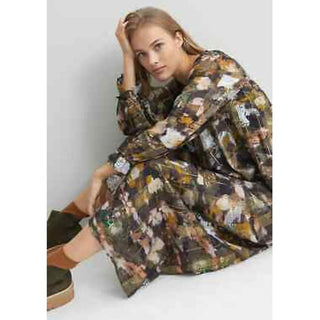 Anthropologie Blair Shimmer Abstract Long Sleeve Maxi Dress Brown Green Women XL