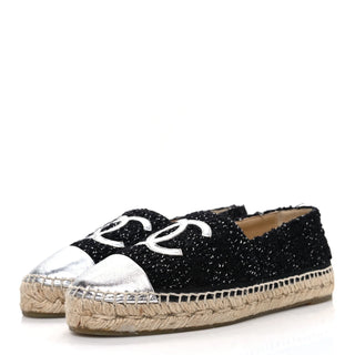 Chanel Lambskin Metallic Tweed CC Espadrilles Flat Black Silver Women's EU 37
