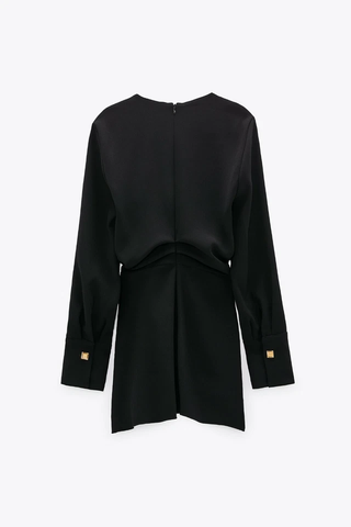 Zara Faux Wrap Knot Tunic Blouse with Gold Button Cuffs Black Womens Size Medium