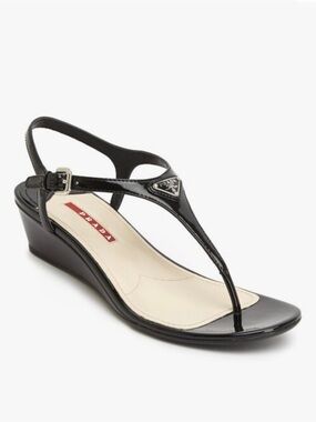 Prada Patent Leather Slip On Wedge Heel Thong Sandals Black Women's Size EU 40