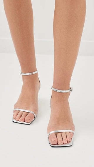 Schutz Sam Metallic Patent Leather Mid Heel Strappy Sandals Silver Women's 6.5