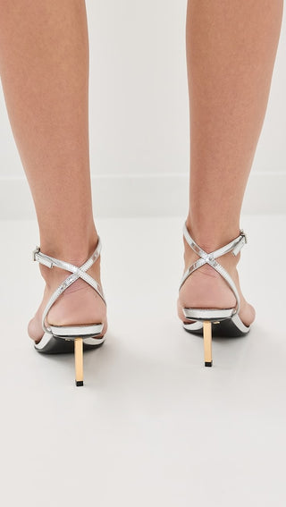 Schutz Sam Metallic Patent Leather Mid Heel Strappy Sandals Silver Women's 6.5