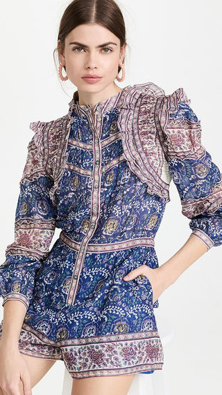 Sea New York Rosita Border Long Sleeve Ruffle Trim Short Romper Blue Women's Size 6