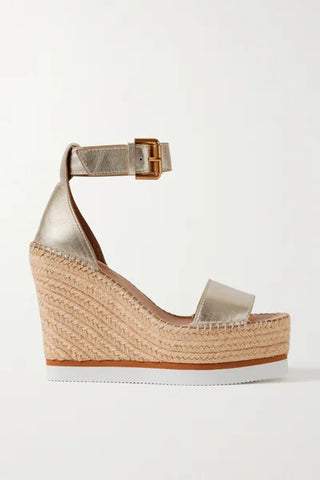 NWOT See by Chloe Glyn Metallic Leather Espadrille Wedge Sandals Platinum Gold 6