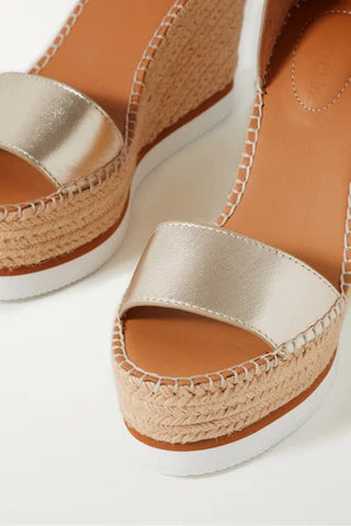NWOT See by Chloe Glyn Metallic Leather Espadrille Wedge Sandals Platinum Gold 6