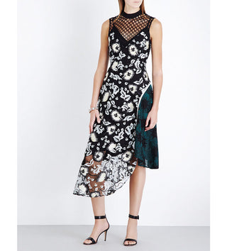 Self-Portrait Floral Sleeveless Asymmetric Lace Dress Black Green Women's Size 6
