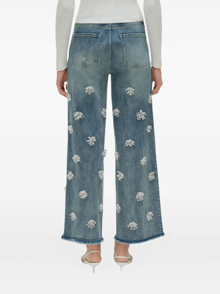 Simkhai Jude Embellished Beaded Floral Frayed Hem Denim Wide Leg Jeans Blue 25