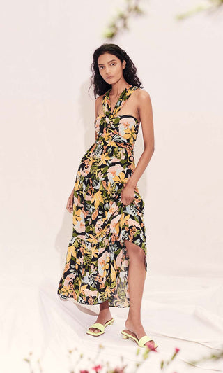 Saylor Starlee Floral Halter Neck Tiered Maxi Dress Black Multi Womens Small