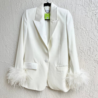 Nadine Merabi Margot Feather Cuff Button Front Satin Blazer White Womens Size XS