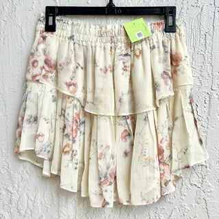 LoveShackFancy 100% Silk Ruffle Hem Floral Pull On Mini Skirt Cream Women's XS