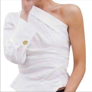 NWT Zara One Shoulder Asymmetrical Pleated Linen Blend Top White Women's Size XS