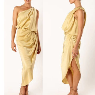 NWT Mable Sonny One Shoulder Satin Sheen Mini Dress Mustard Women's Size Small