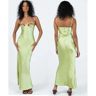 Angel Biba Spaghetti Strap Flower Applique Sweetheart Maxi Dress Green Womens XS