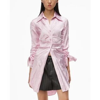 Alexander Wang Ruched Crinkled Satin Button Down Shirt Pink Women's Size 0