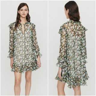 NWOT Maje Rullina Ruffled Floral Print Metallic Mini Dress Green Women's Sz 1/S