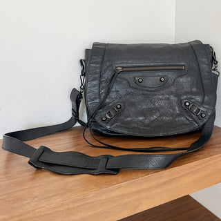 Balenciaga Women's Adjustable Strap Black Leather Neo Folk Stud Messenger Bag