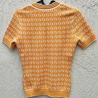 Fendi Short Sleeve Embossed Jacquard Pullover Sweater Orange Women's Size US 0